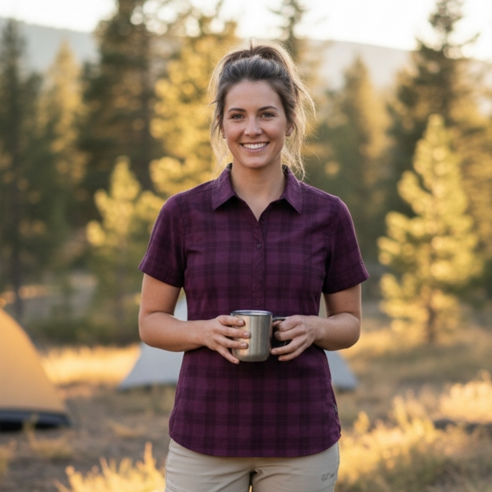 Flylow button front plaid top S